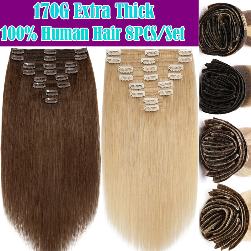 170G REAL THICK Double Weft Full Head Clip In Human Hair Extensions 10″-24″ Long