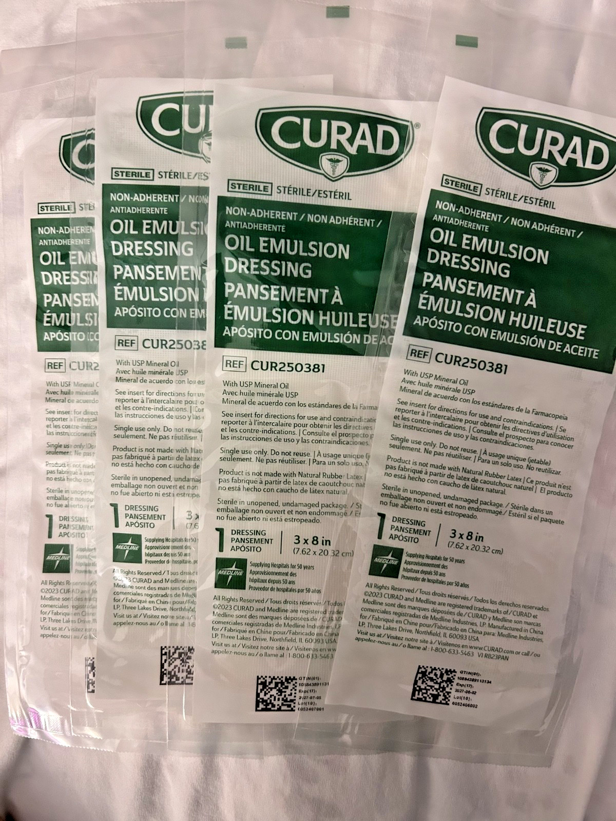 Four (4) CURAD 3 x 8 Inch Oil Emulsion Gauze Dressing CUR250381 NEW