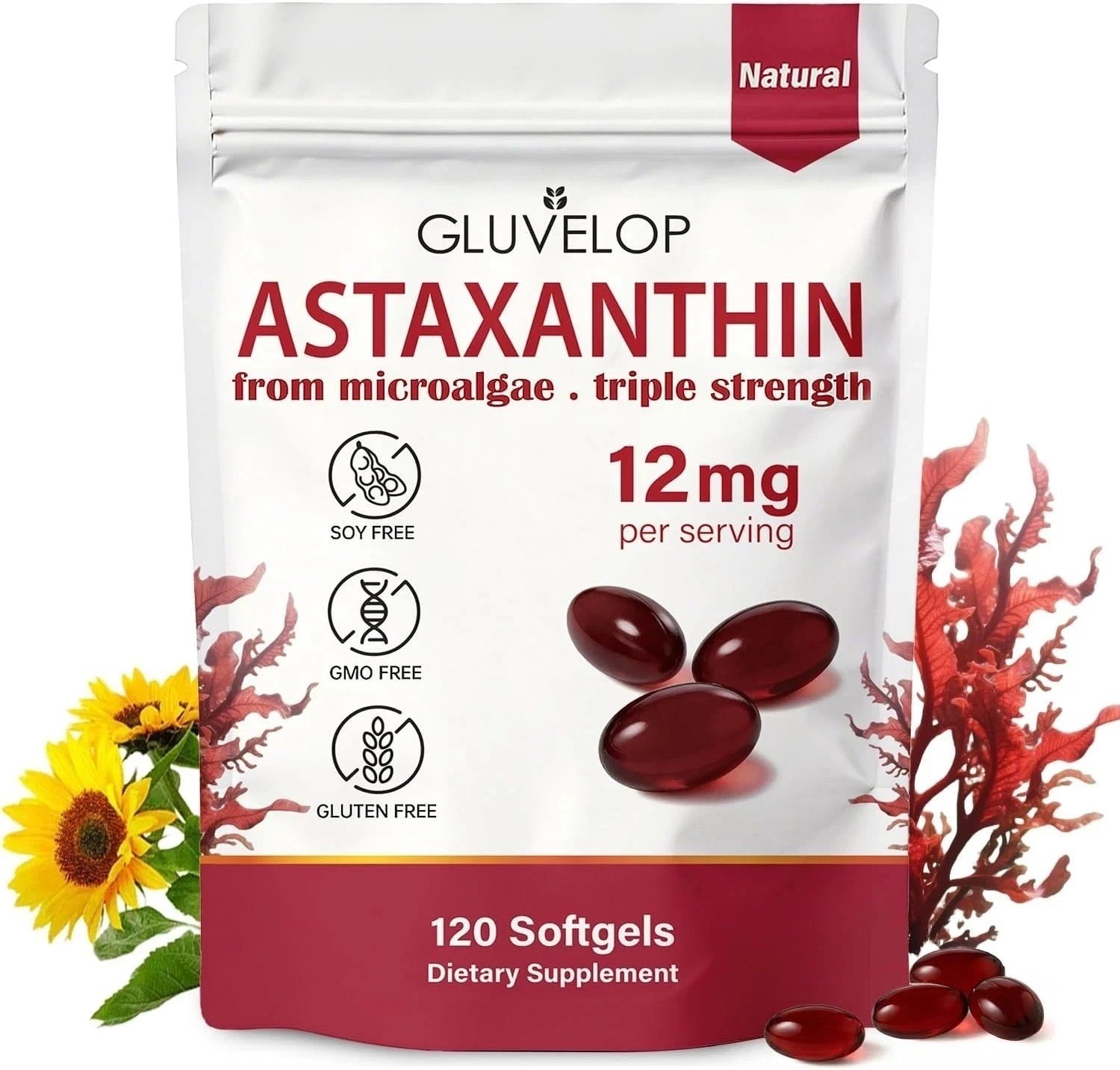 Astaxanthin 12mg 120 Softgels, 4 Month Supply,Triple Strength,Non-GMO,Eye Health
