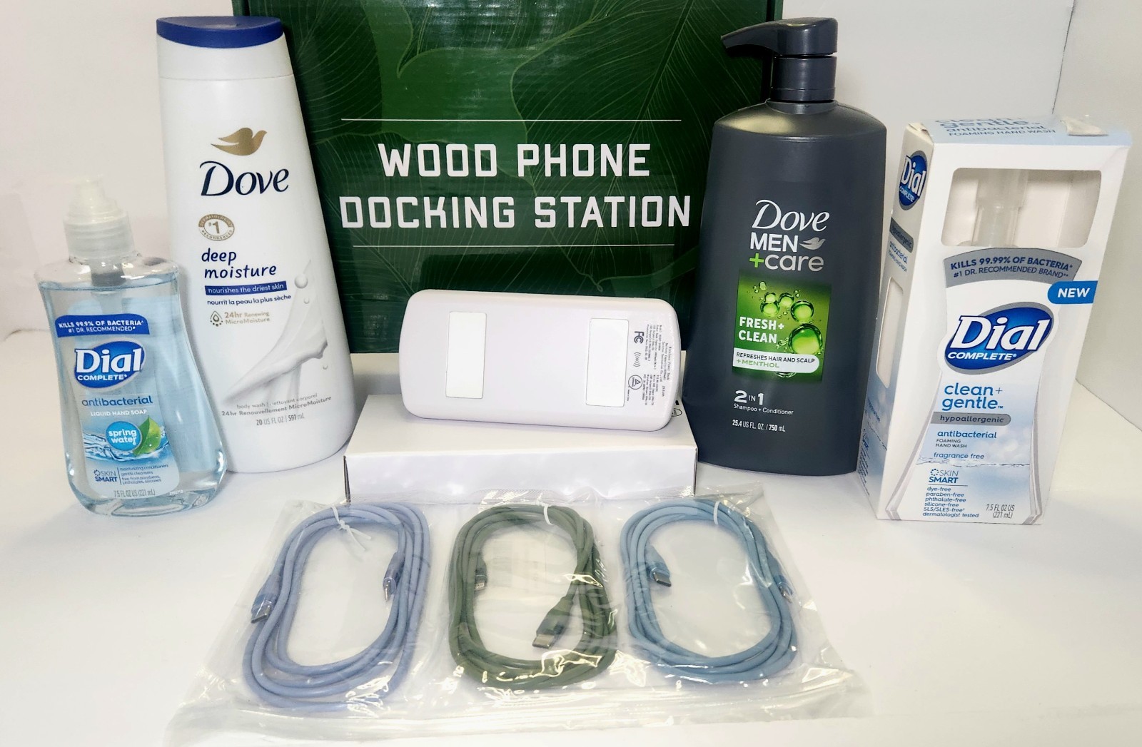 Wood Dock Stand +8000mAh Wireless Charger+ USB-C/Lightning+ Mens Dove+ Dial Soap