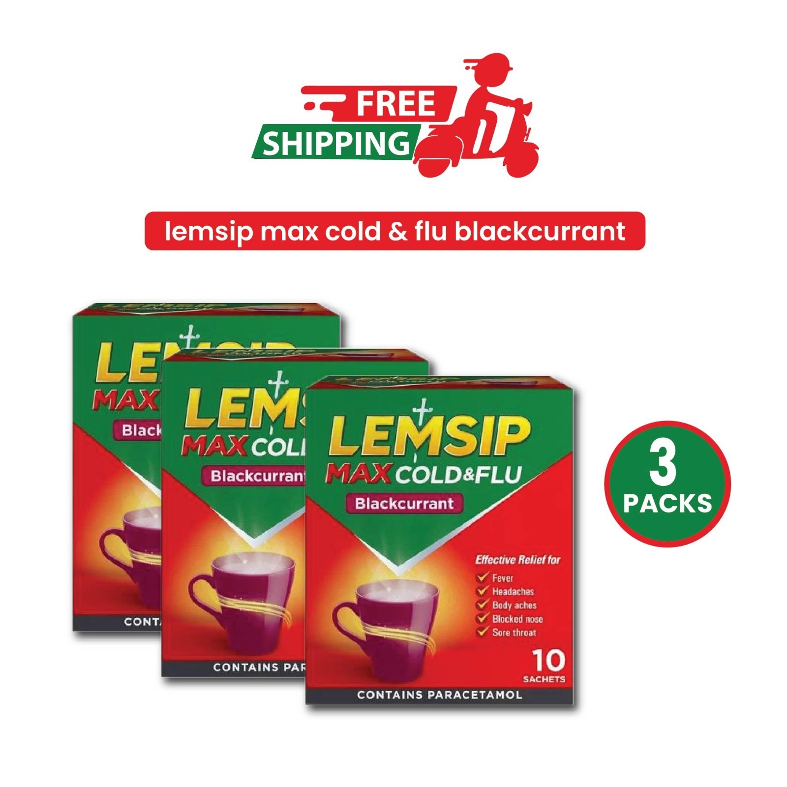 LEMSIP Max Cold & Flu Sachets Blackcurrant 10ct PACK OF 3