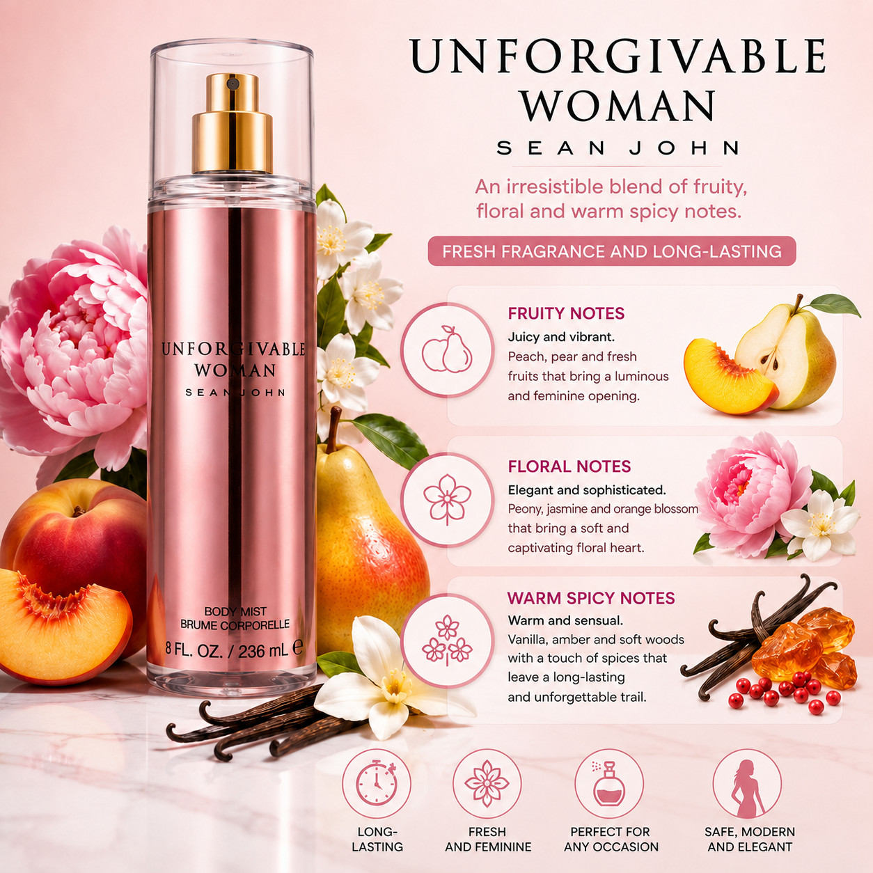 Sean John Unforgivable Woman Body Mist 8 oz Factory Sealed No Retail Box