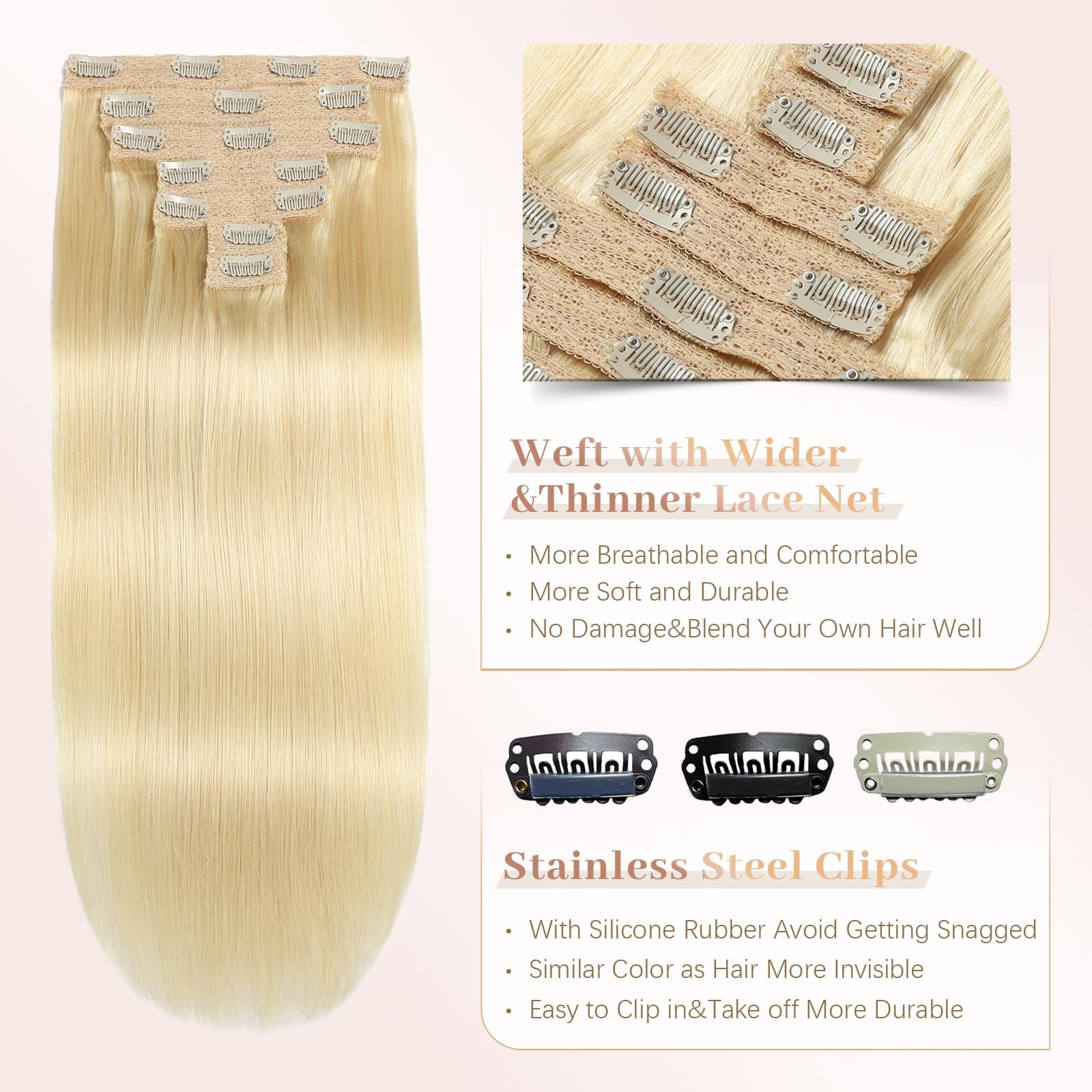 Sisily Clip In Hair Extensions Real Human Hair 20 Inch 120G Bleach Blonde 100