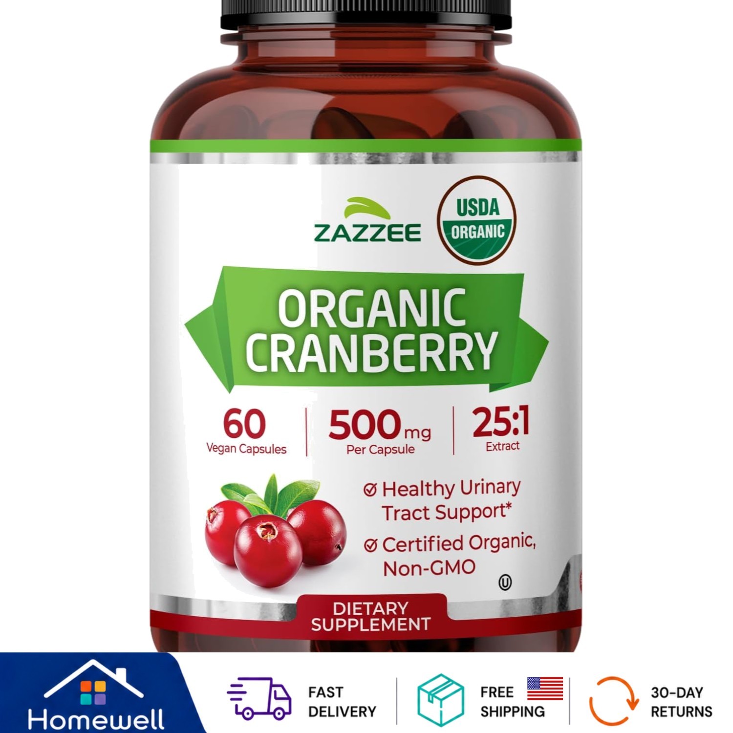 High-Potency Organic Cranberry Extract 25:1, 500mg – 60 Capsules, Non-GMO