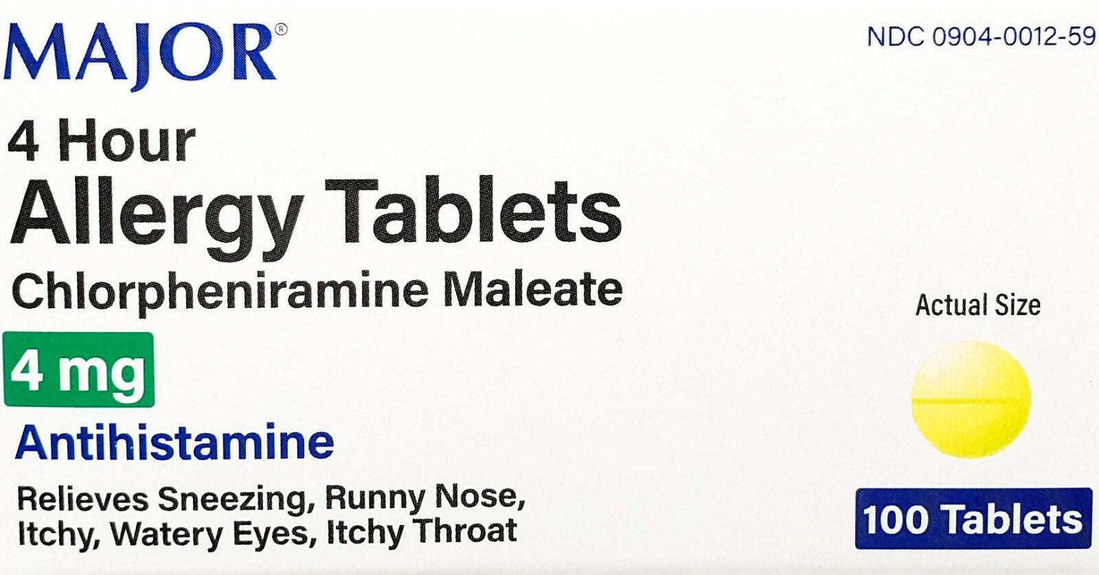 Major Allergy Chlorpheniramine 4mg 100ct Tablets – Exp Date 09-2026
