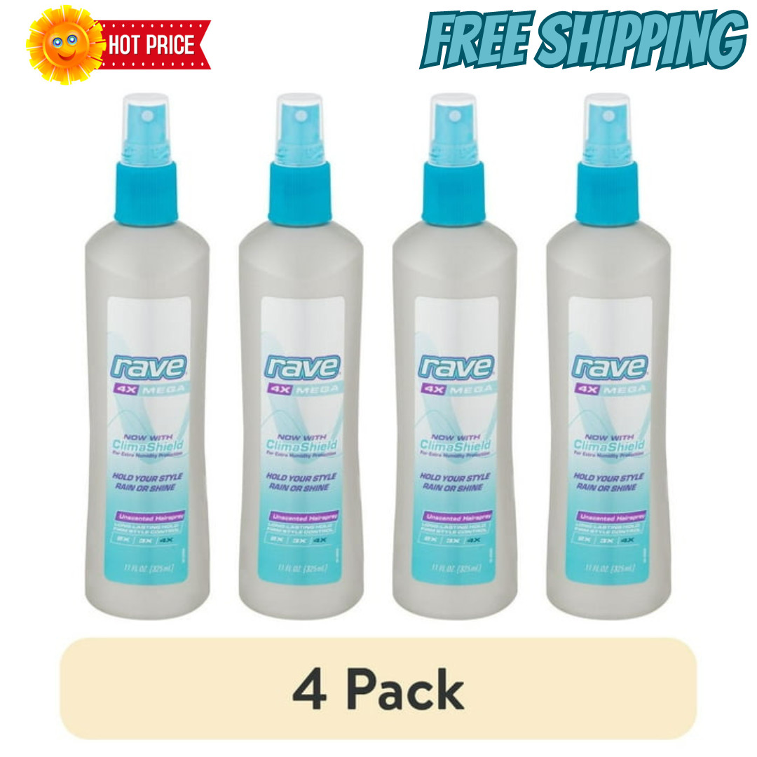 Rave 4X Mega Hold Non-Aerosol Hair Spray, All-Weather Protection 11 oz Pack of 4