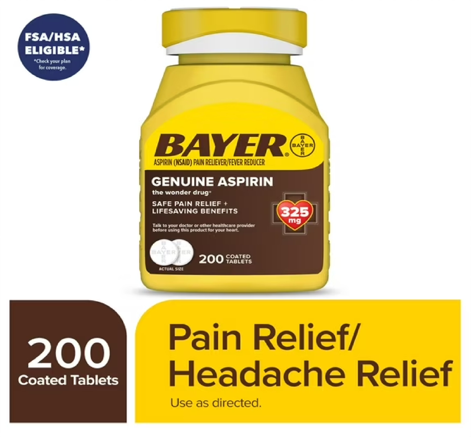 Genuine Bayer Aspirin Pain Reliever/Fever Reducer Coated Tablets 325 mg 200 Ct.
