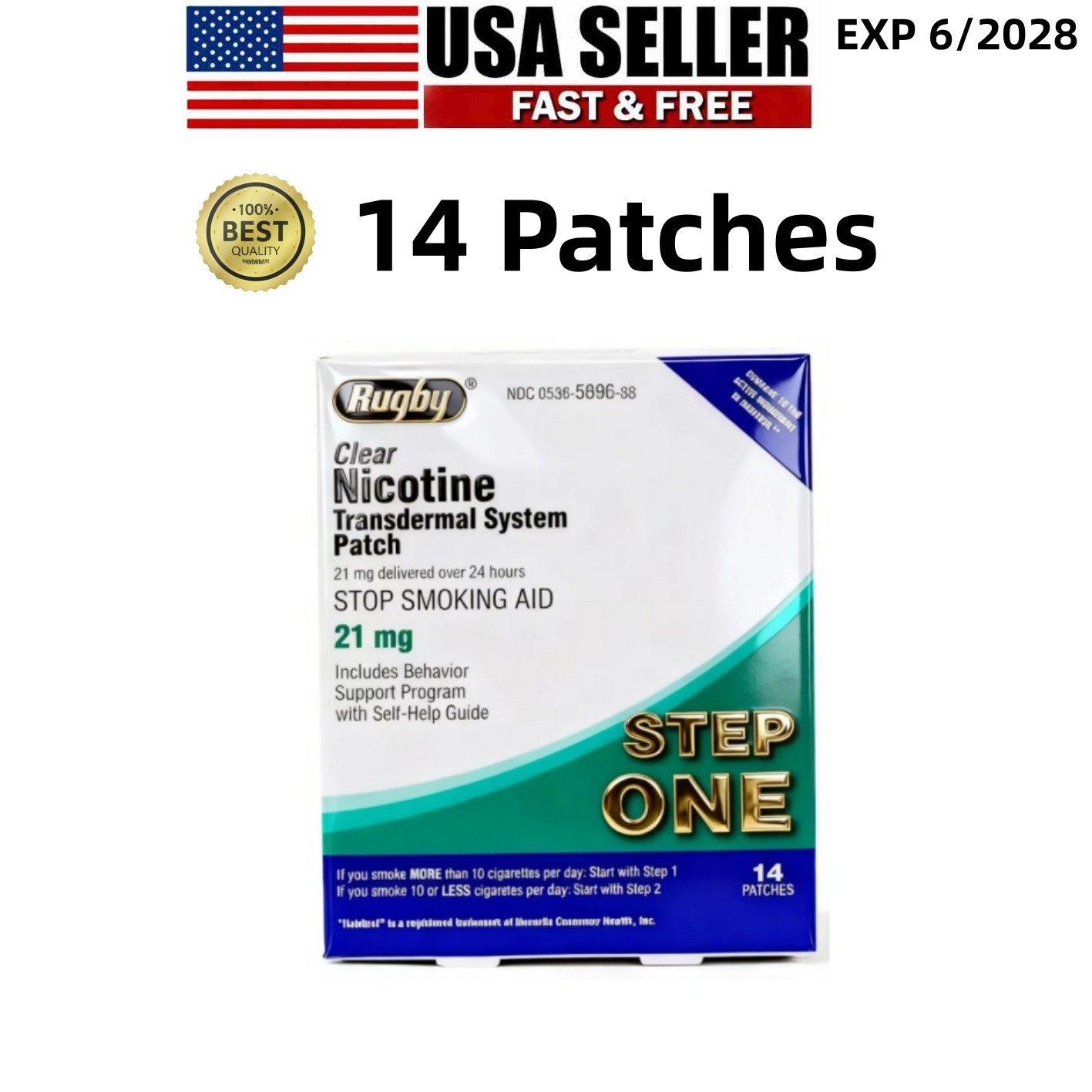 1 PACK-Rugby Clear Nicotine 21mg Transdermal System Patch Step Exp 06/2028