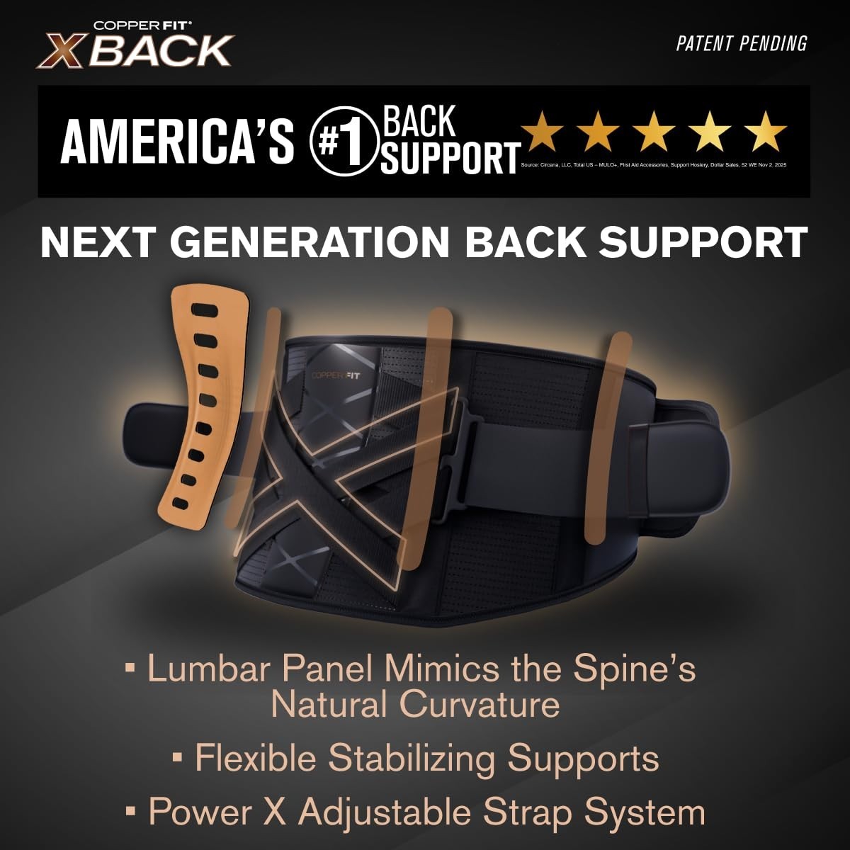 Adjustable Copper Fit X-Back Brace for Lower Back Pain Relief, Lumbar Support, S