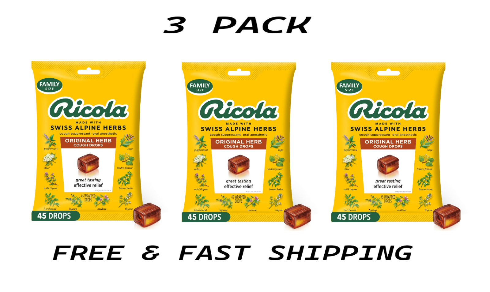 (3 Pack) Ricola Original Herb Soothing Cough Drops, Throat Relief & Cough ,4 Ct.