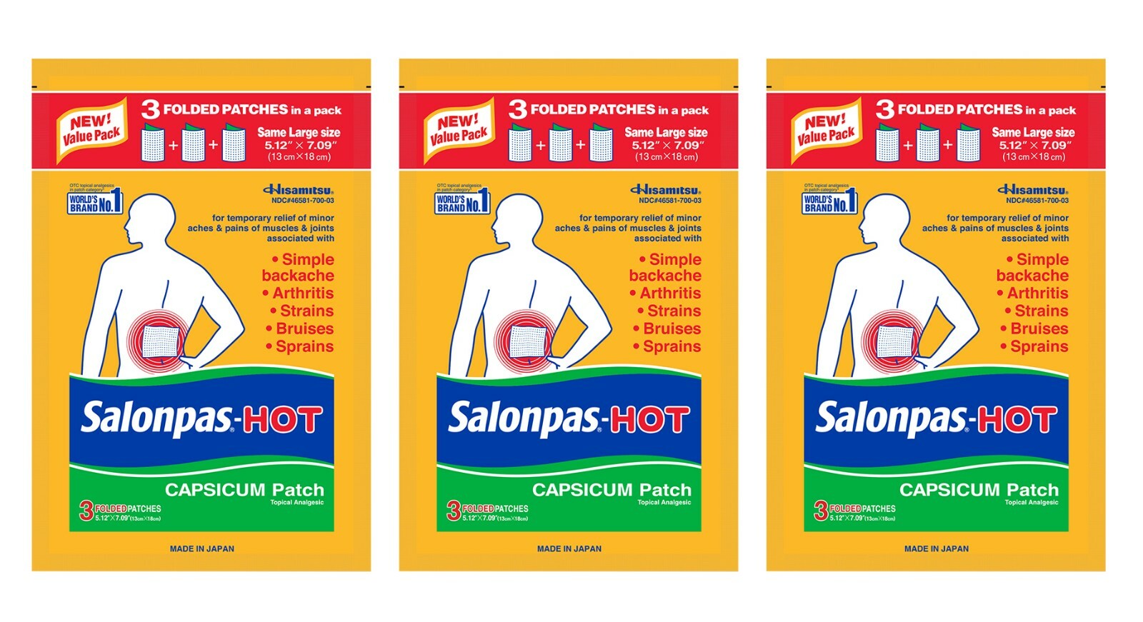 Salonpas Hot Capsicum Patch: Aches Arthritis Sprains 3 Ct (THREE PACK) Exp 10/26