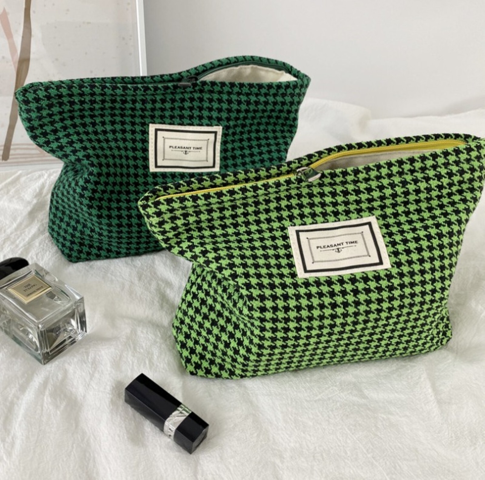 Houndstooth Pattern Cotton Zipper Pouch Travel Cosmetic Pouch Comfy Makeup Bag
