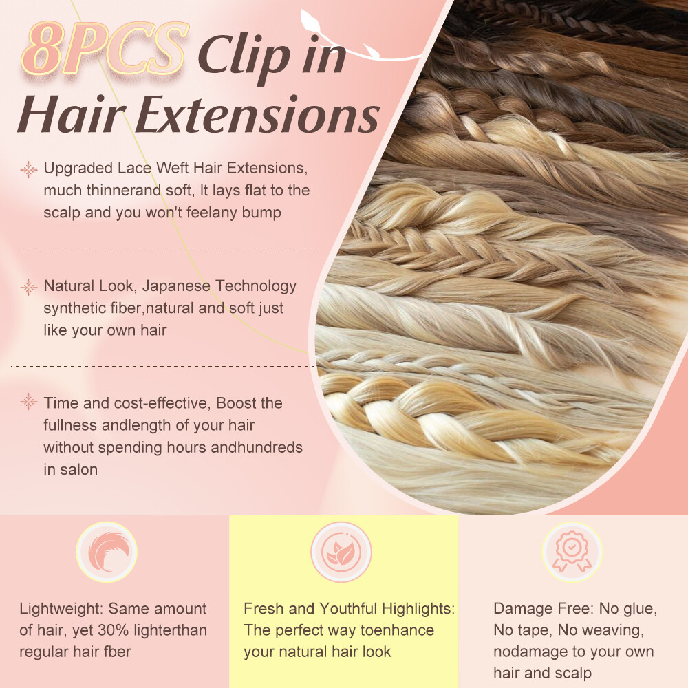 US 8 Pieces Clip In Hair Extensions Full Head Natural As Human Real Thick Wavy