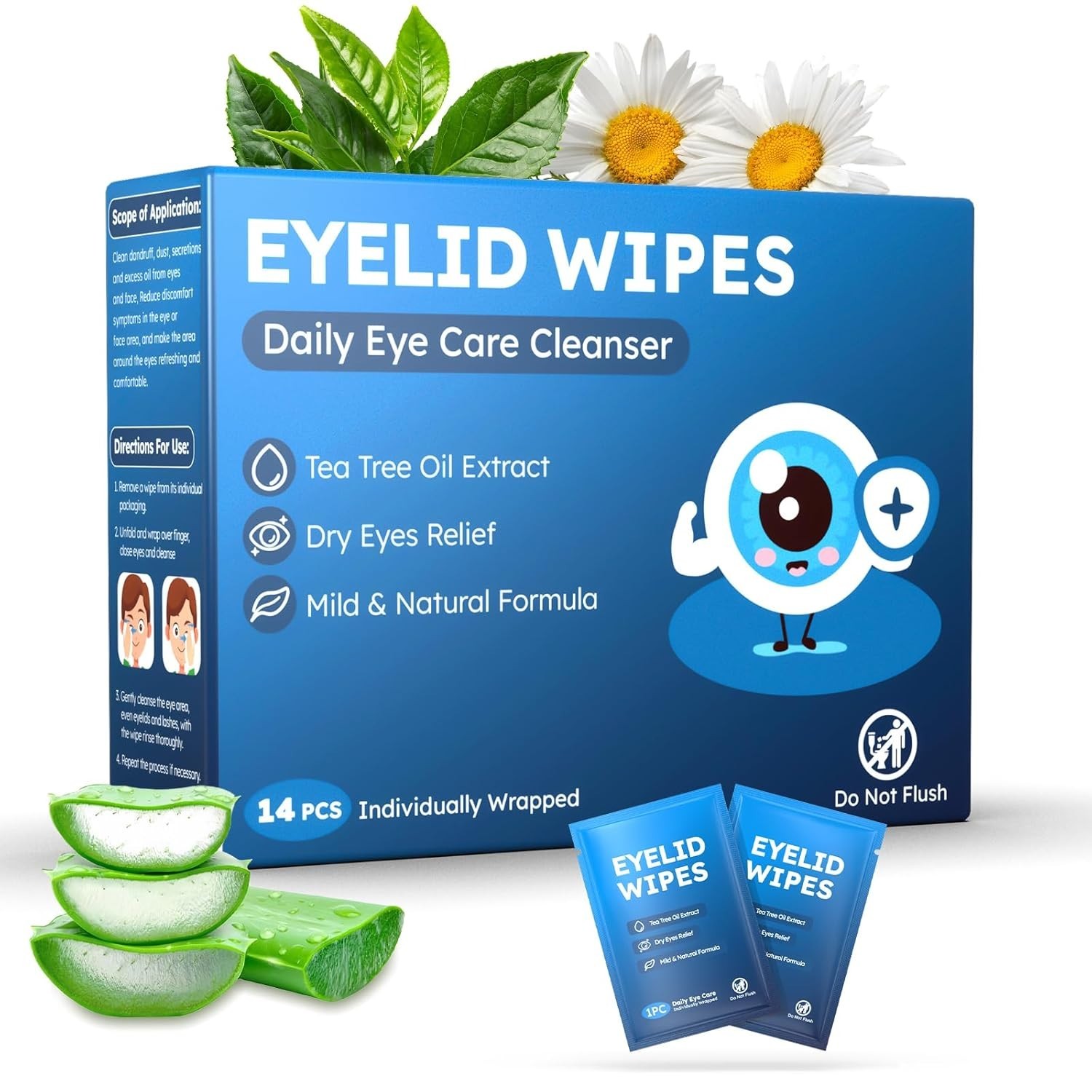 Travel-Friendly Tea Tree Oil Eye Wipes – 14 Extra Large Daily Cleansing Packs