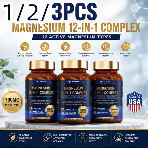 1/2/3-bottle Totaria Magnesium 12-in-1 Complex 700mg Daily Mineral Nutrient