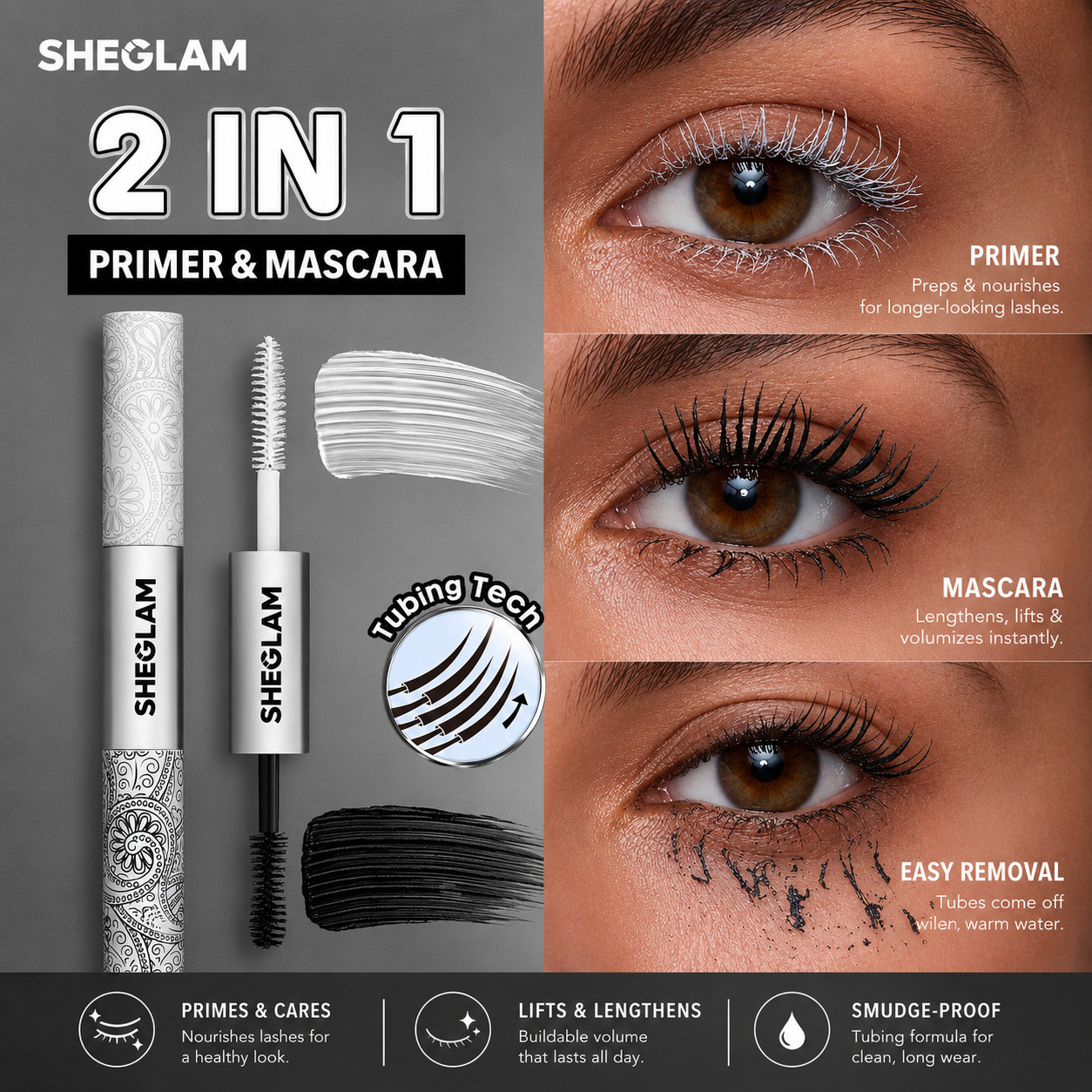 New! SHEGLAM ALL-IN-ONE Primer & Tubing Volume Mascara – BLACK