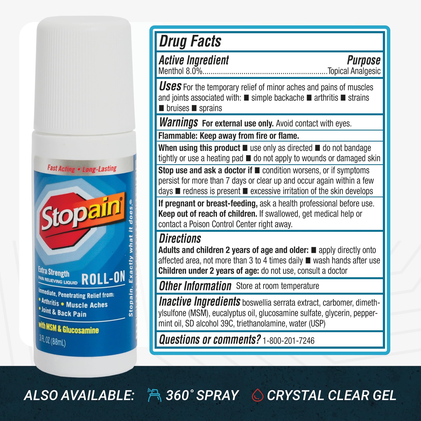 Stopain Pain Relief Roll On Gel 3oz (2 Pack) USA Made, Max Strength Fast Acting