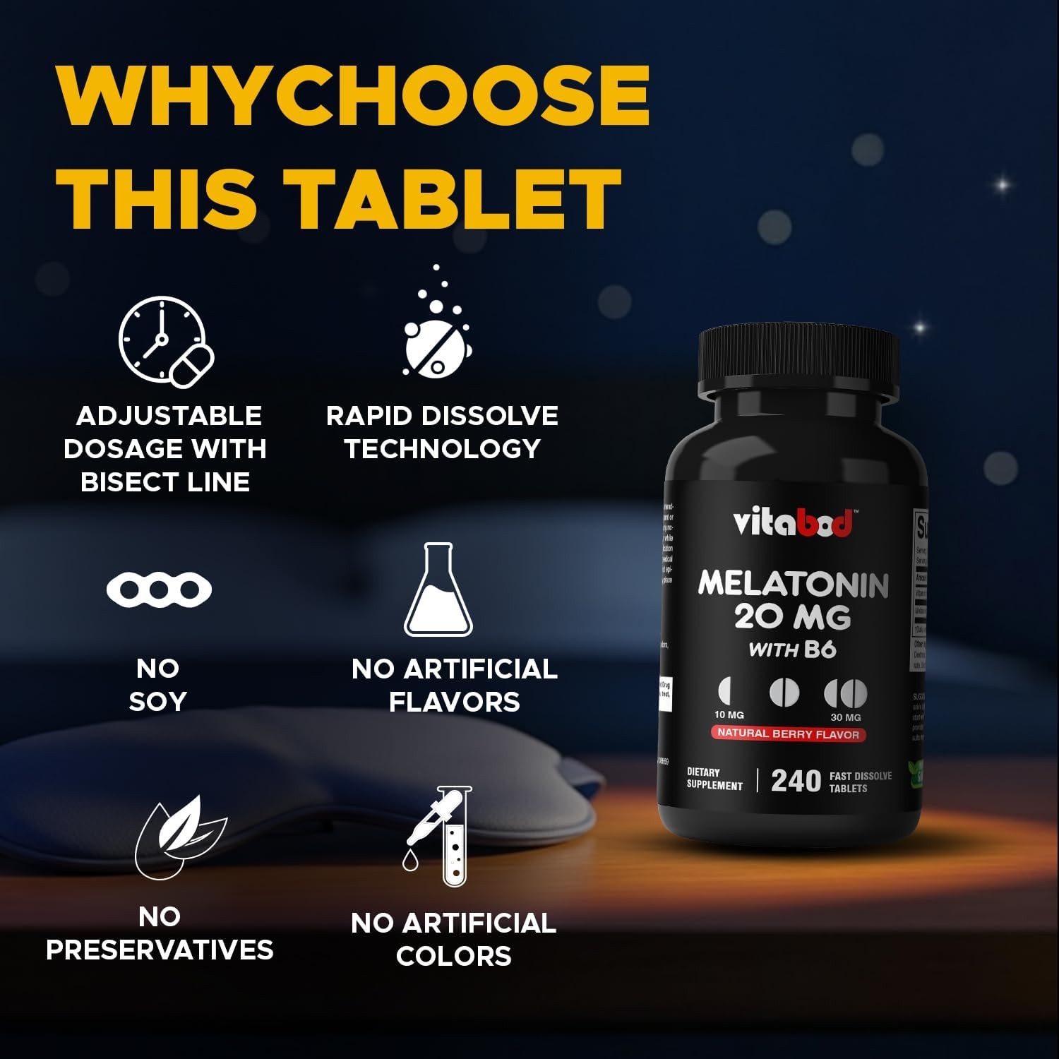 Melatonin 20mg High Potency Natural Sleep Aid Berry Flavor 240 Fast Dissolve TAB