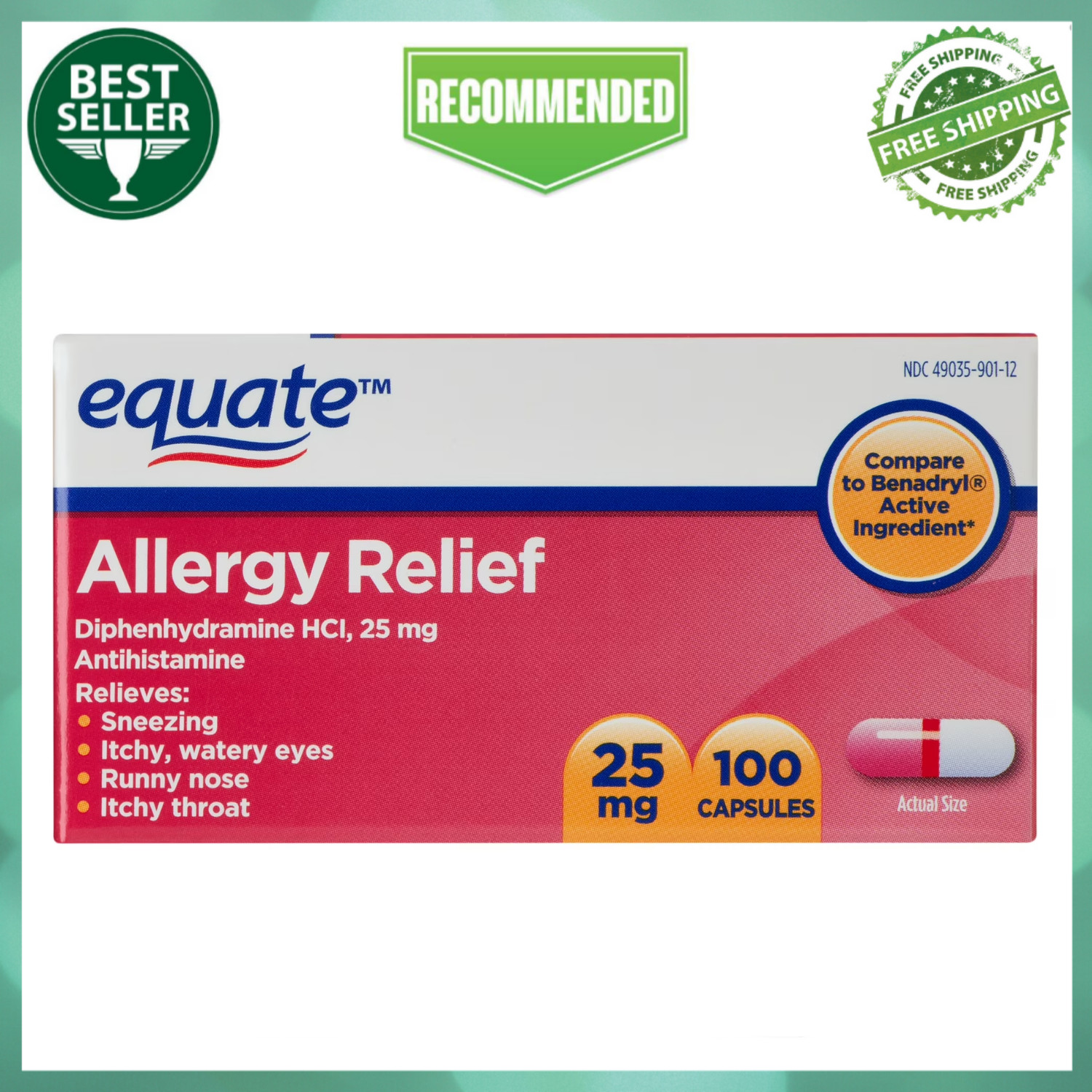 Equate Allergy Relief Capsules, Diphenhydramine HCI, 25 mg, 100 Count