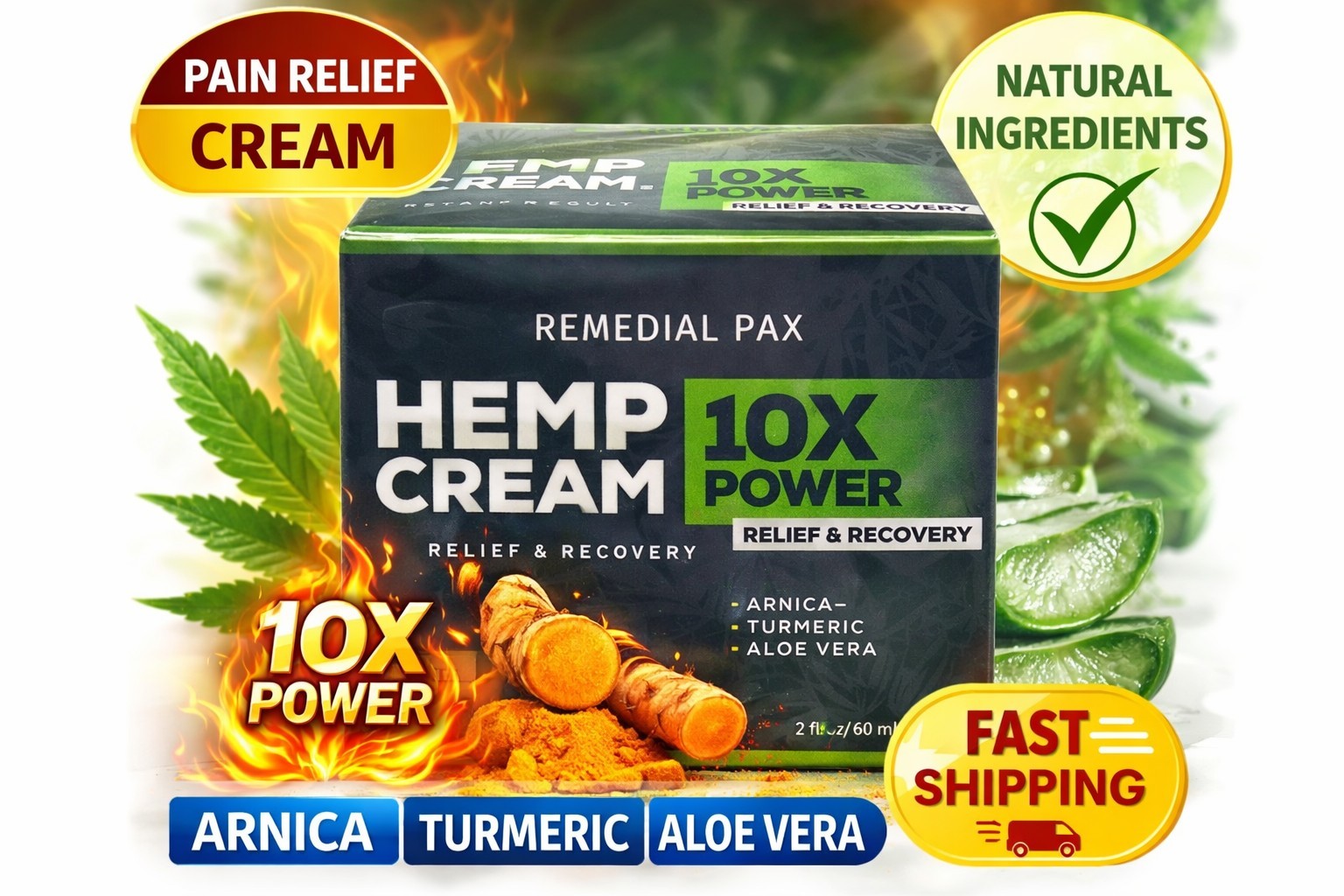 Hemp Cream Relief 10X Power Arnica Turmeric Aloe Natural Recovery Cream 2oz