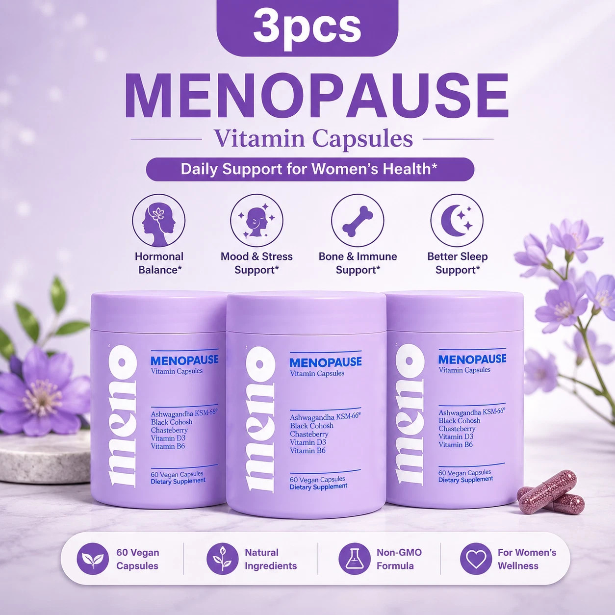 Meno Menopause Vitamin 3 Pack 180 Vegan Capsules Hormone Balance Support