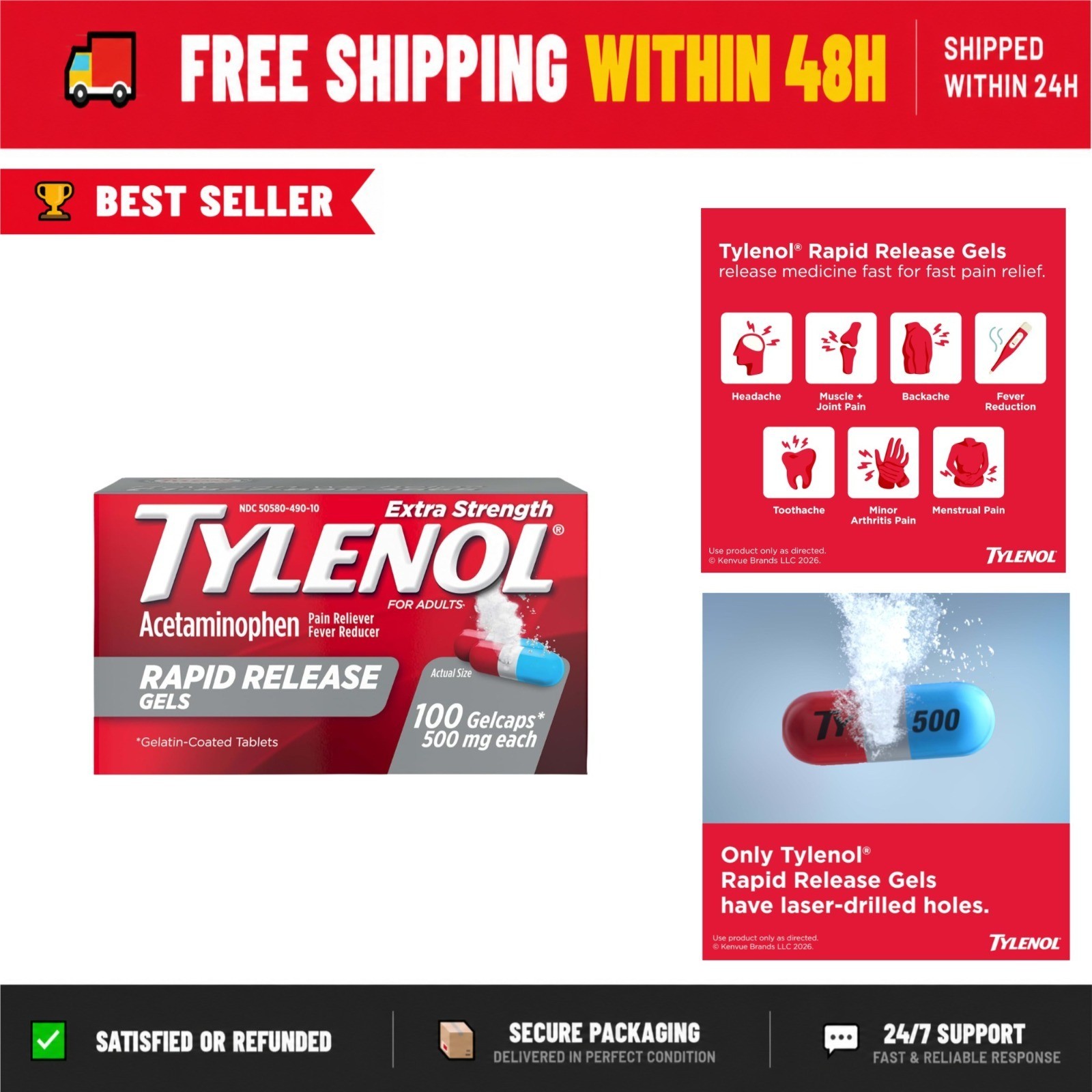 Tylenol Extra Strength Gelcaps 500mg Pain Relief, 100 Count