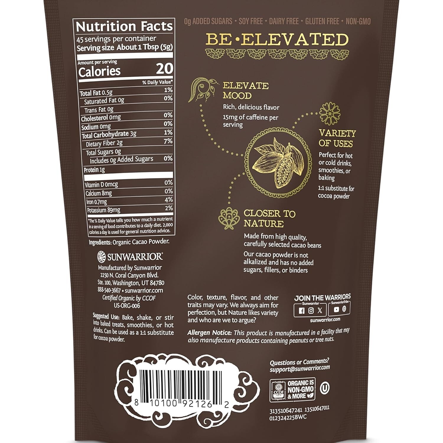 Sunwarrior Organic Cacao Powder | Baking & Smoothie Additive | 225g Pouch