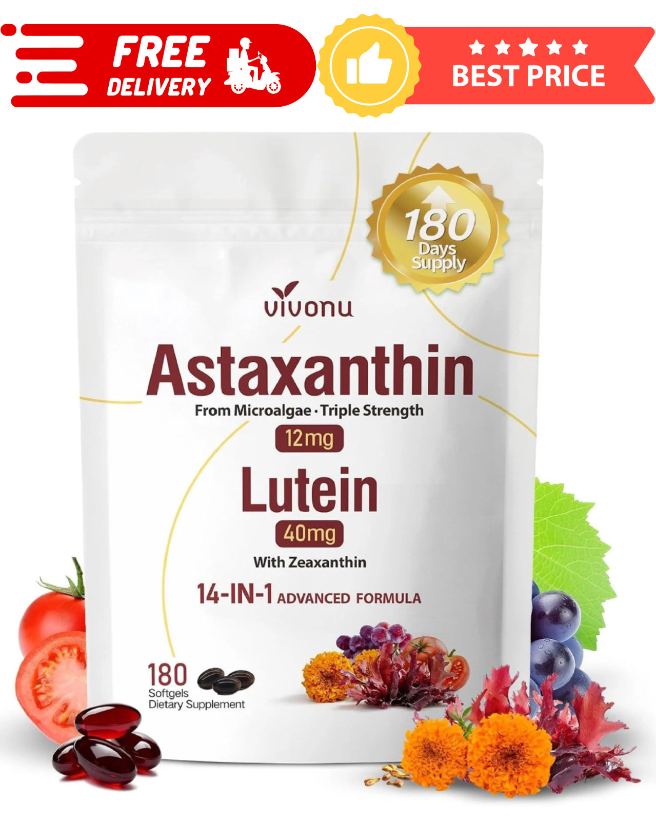 VivoNu 14-in-1 Astaxanthin 12mg & Lutein 40mg with Zeaxanthin Supplements, 6 Mon