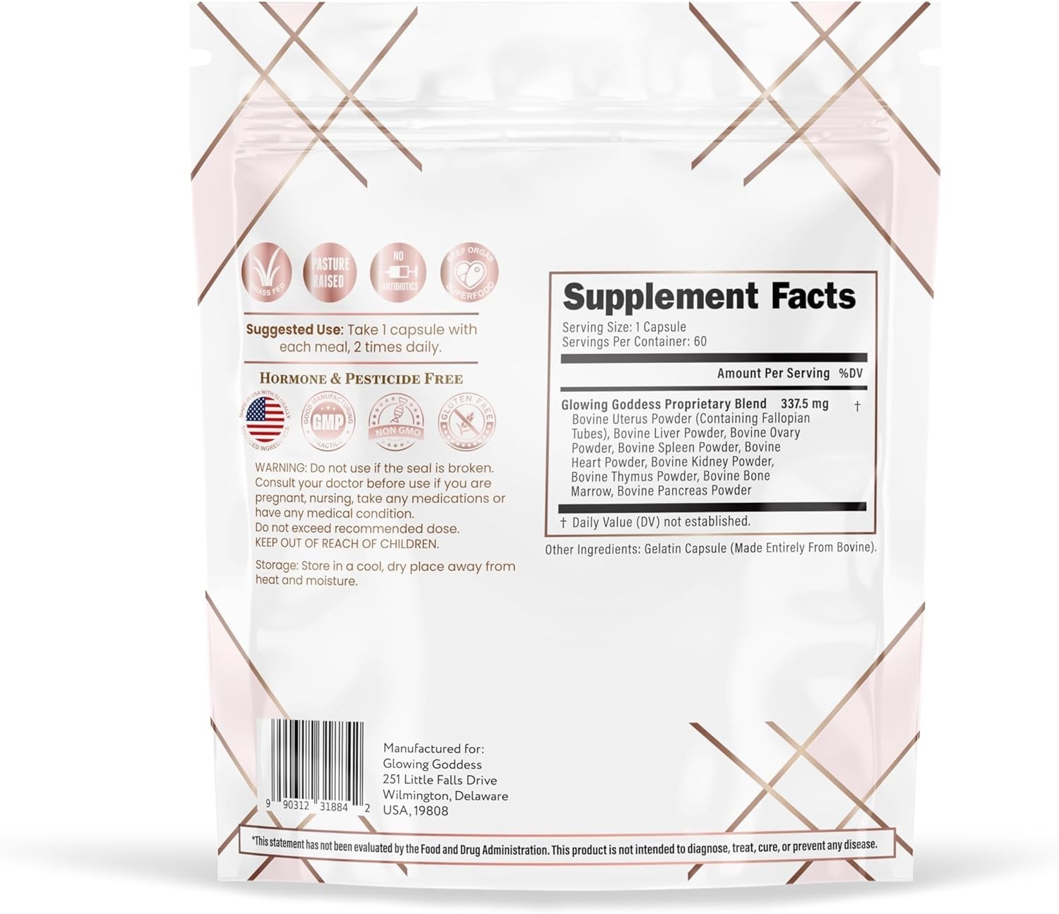 Glowing Goddess Female Beef Organ Superfood Supplement 100%Grass-Fed 60 Capsules