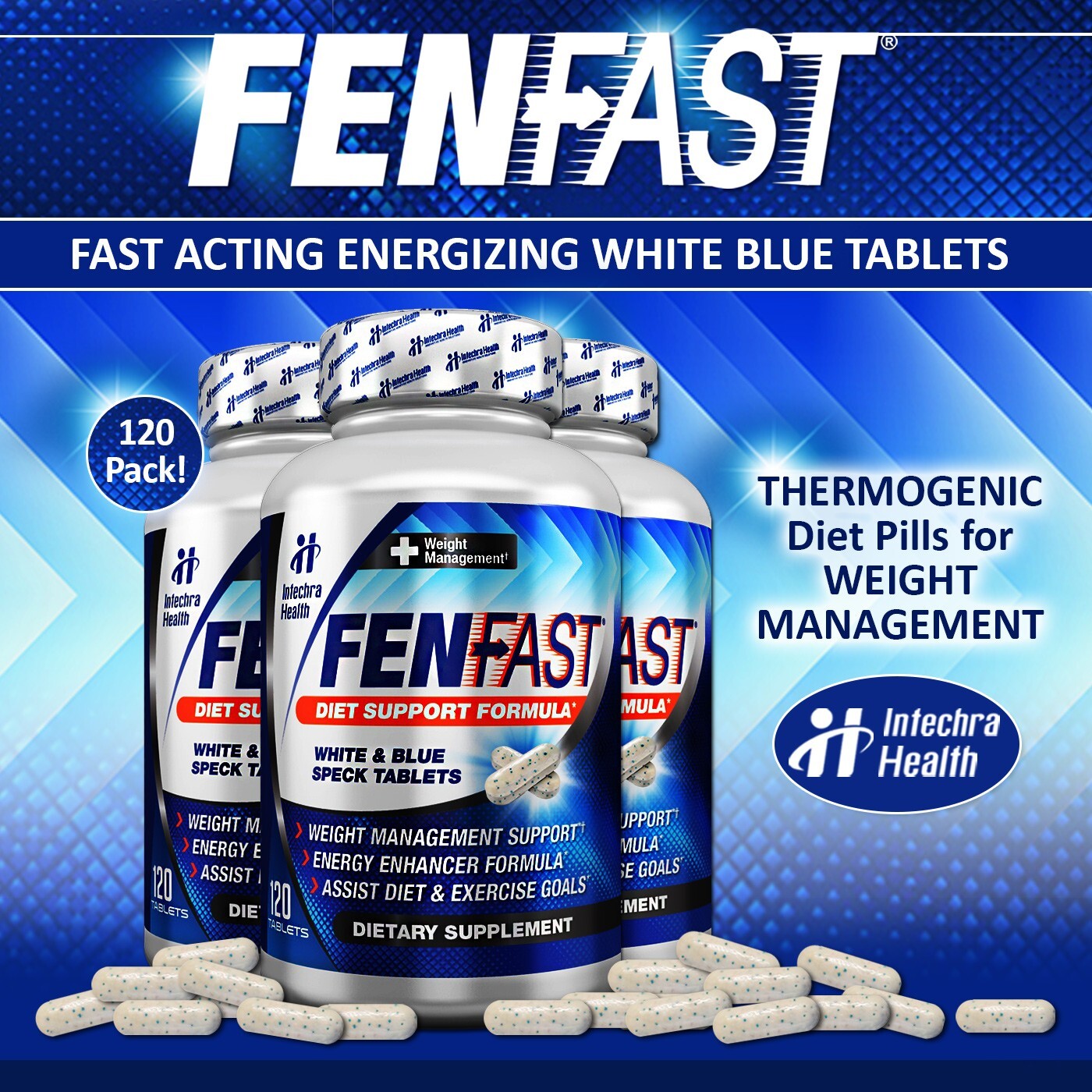 Fenfast 3 Bottle Pack! Weight Management Energy Diet Pills – White/Blue Tablets