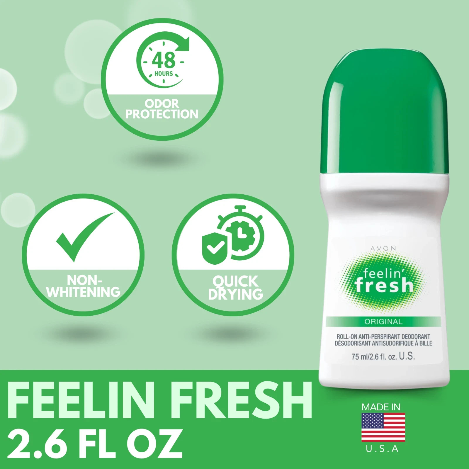 Avon Feeling Fresh Deodorant Antiperspirant Roll-On, 2.6 fl. oz (Pack of 6)