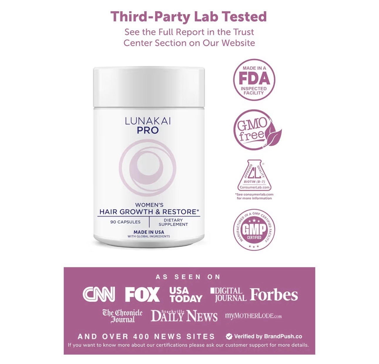 LUNAKAI PRO Women’s Hair Growth & Restore GMO Free 90 Caps 09/2028