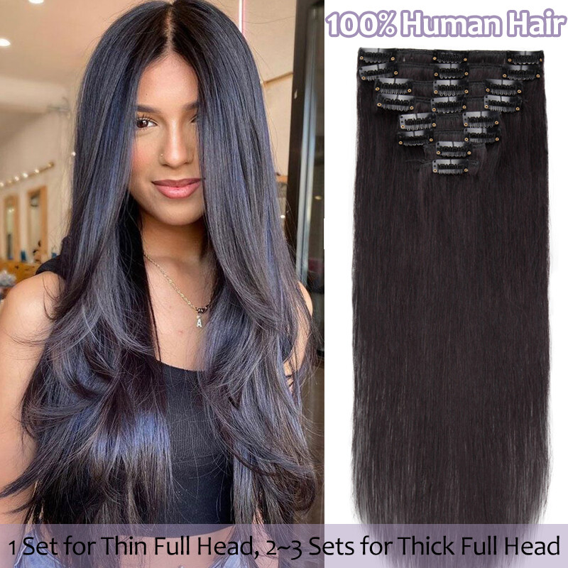 14-24 Inch Clip in Russian Remy Human Hair Extensions Full Head 8Pieces 18Clips