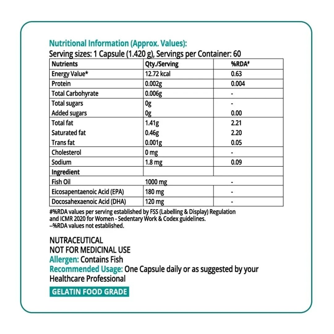 PharmEasy Fish Oil 1000mg Omega-3 Capsules 4 Heart Brain Skin Joints, Pack of 60