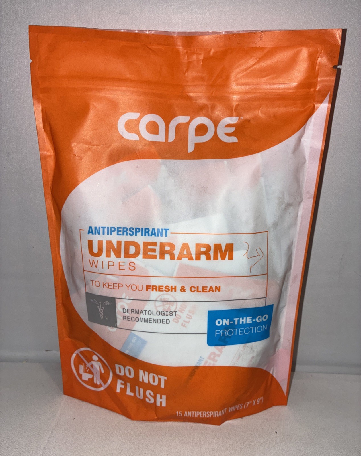 Carpe On The Go Antiperspirant Underarm Wipes 15 (7″x9″)Individual Packages