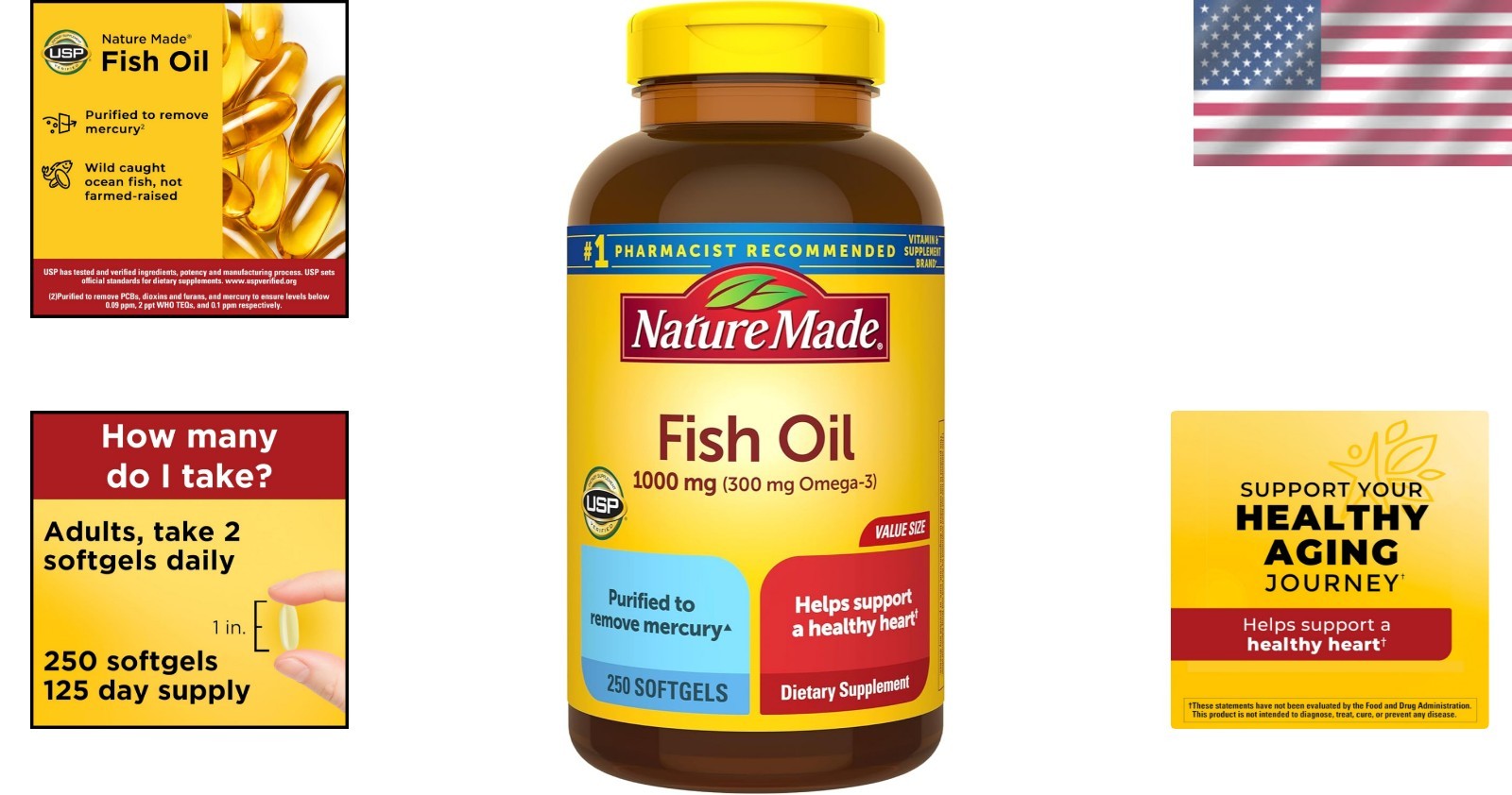 Heart Health Fish Oil Omega-3 Supplements 1000mg – 250 Softgels for 125 Days