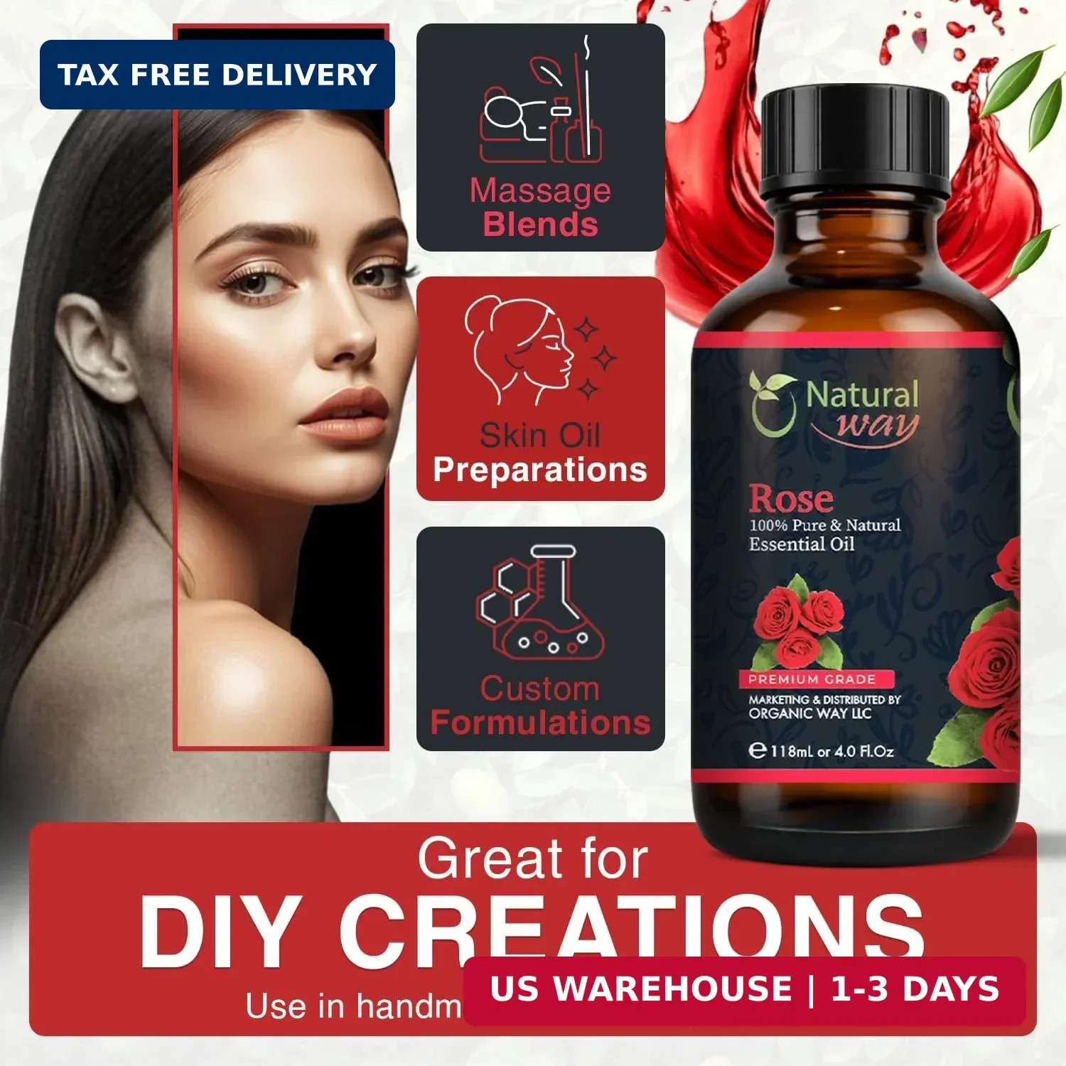 Rose Essential Oil | Pure Aromatherapy Oil for Diffusers, Hair Growth, Skin, Sca