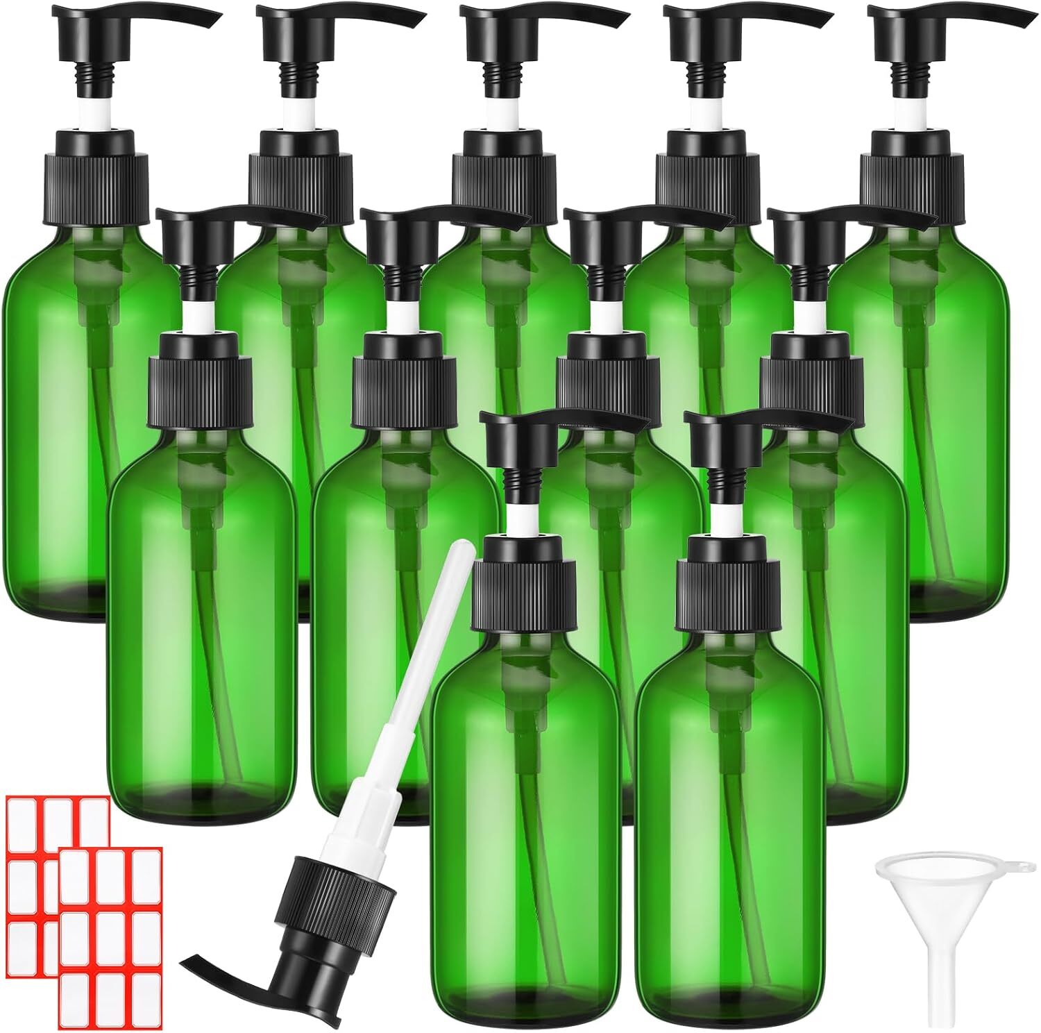 12 Pcs Glass Pump Bottle Dispenser 4 oz Travel Bottles with Green
