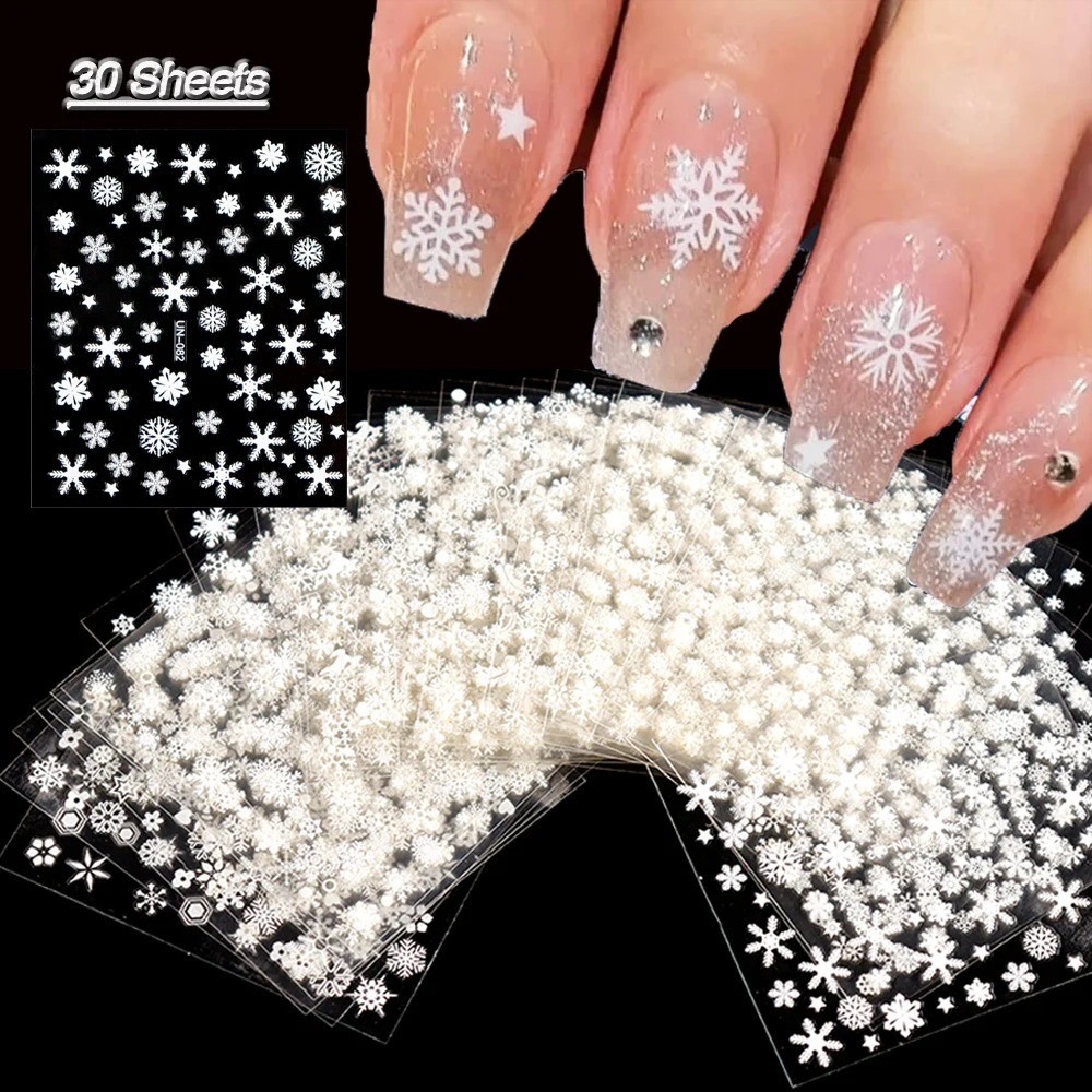 30 Sheets 3D White Snowflake Nail Art Stickers Self Adhesive Xmas Decals