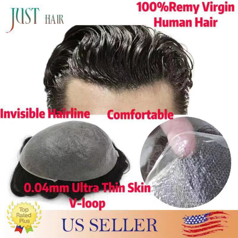 Mens Hair Replacement Ultra Thin Skin Toupee Grey Hairpieces PU System Wig US