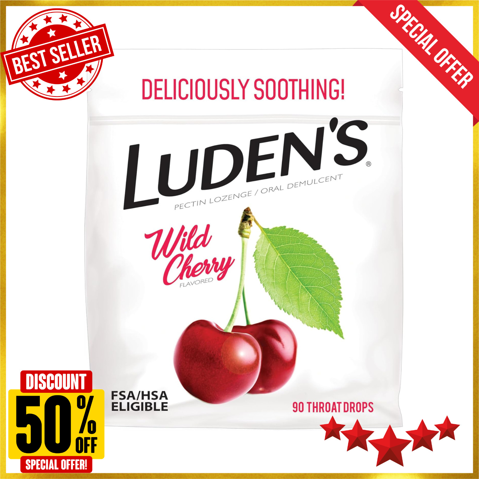 Ludens Throat Drops, Wild Cherry, 90 Drops 90 Count (Pack of 1) Cough Drops