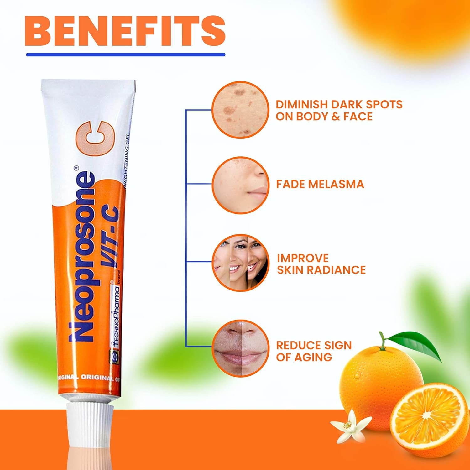 Neoprosone, Vitamin C Gel – 1 Fl oz / 30 ml – Brightening Gel Cream for Neck, Fa