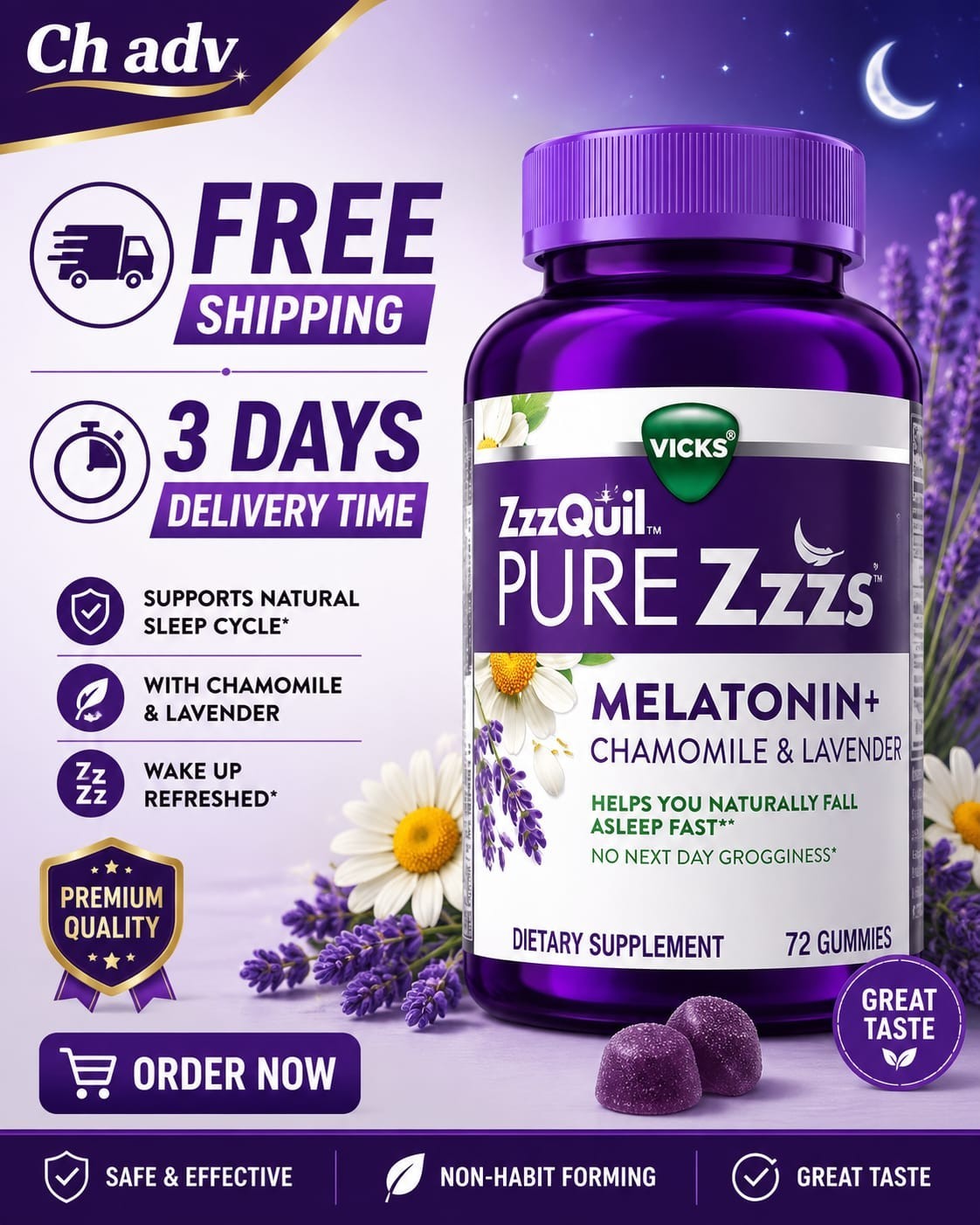 Vicks ZzzQuil PURE Zzzs Sleep Aid 72 Count Gummies Melatonin 2 mg -Exp: 05/27