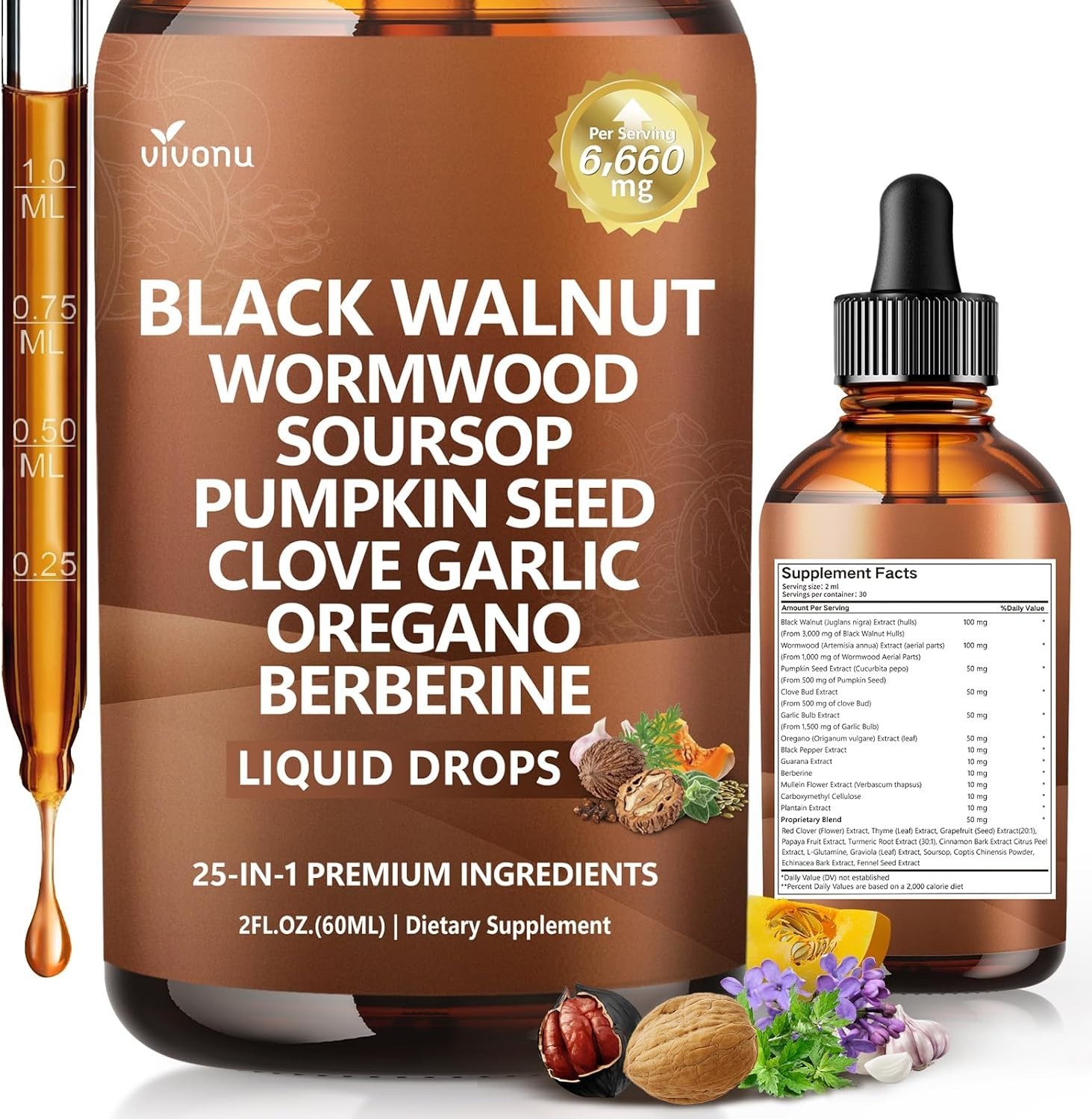 25-in-1 Liposomal Black Walnut Wormwood Clove Tincture, Cleanse for Humans Drops