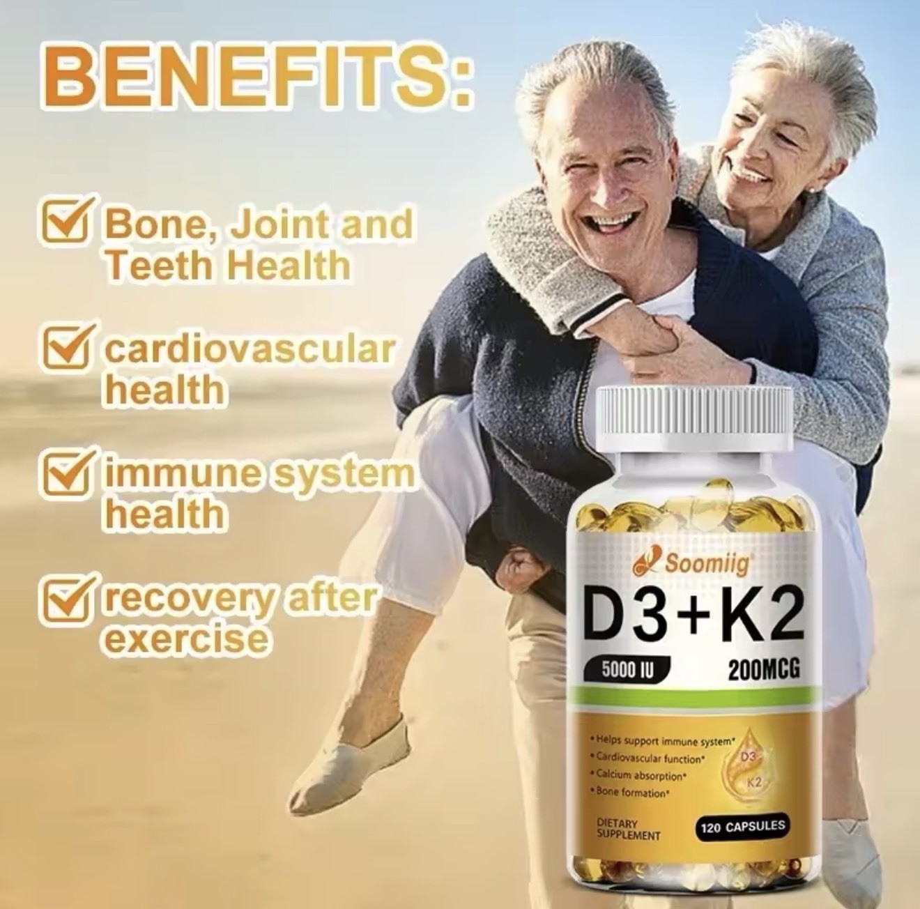 Vitamin D3 5000IU and 200 Mcg Vitamin K2 (MK-7) Capsules for Calcium Absorption
