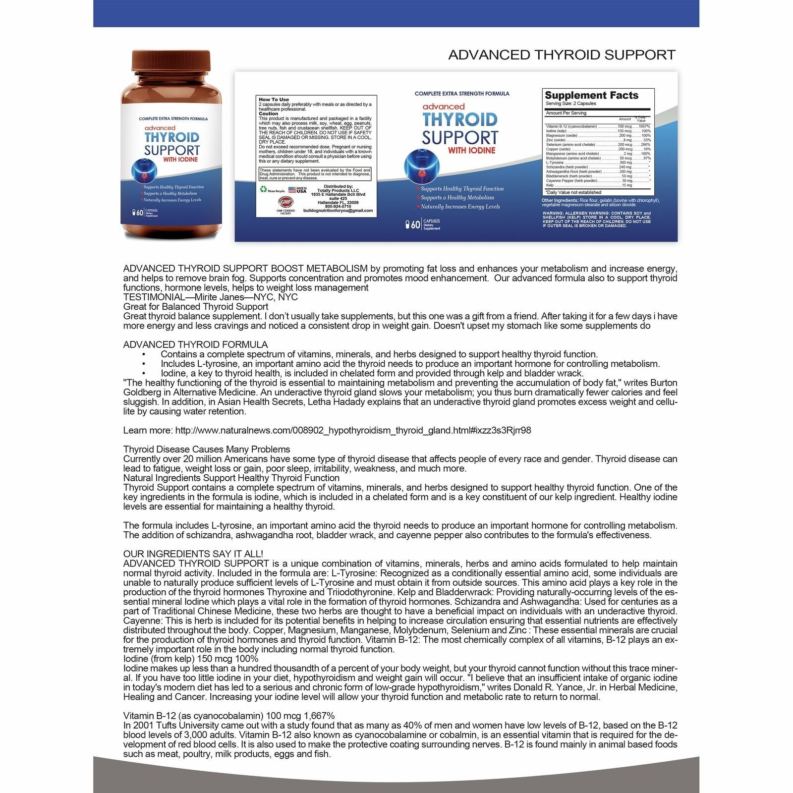 Advanced Thyroid Support Supplement with Iodine Dietary 60 Caps Free Shipping