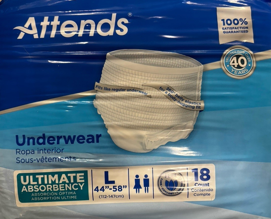 Attends Unisex Adult Disposable Underwear Super Absorbent Size Large 18 Ct