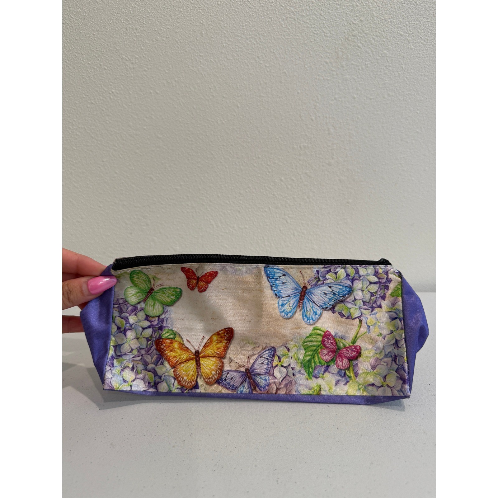Butterfly Floral Cosmetic Bag Purple Hydrangea Makeup Pouch Zippered Travel Case
