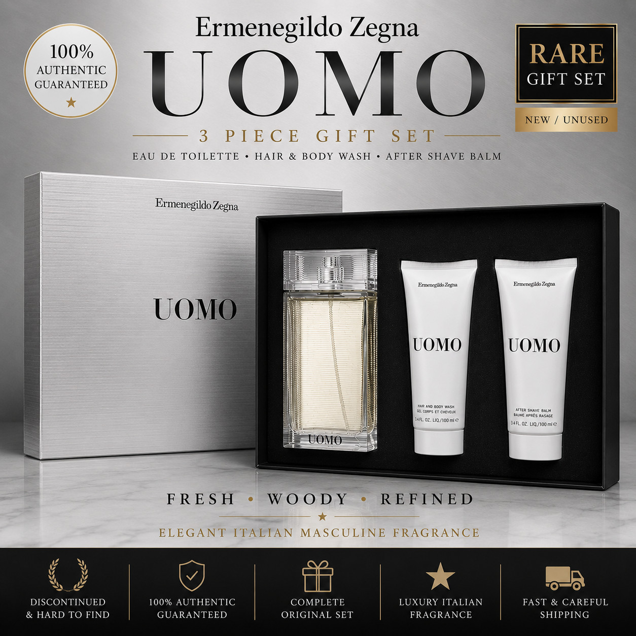 Ermenegildo Zegna Uomo Gift Set – UOMO EDT Cologne 3.4 oz Authentic, New, Rare