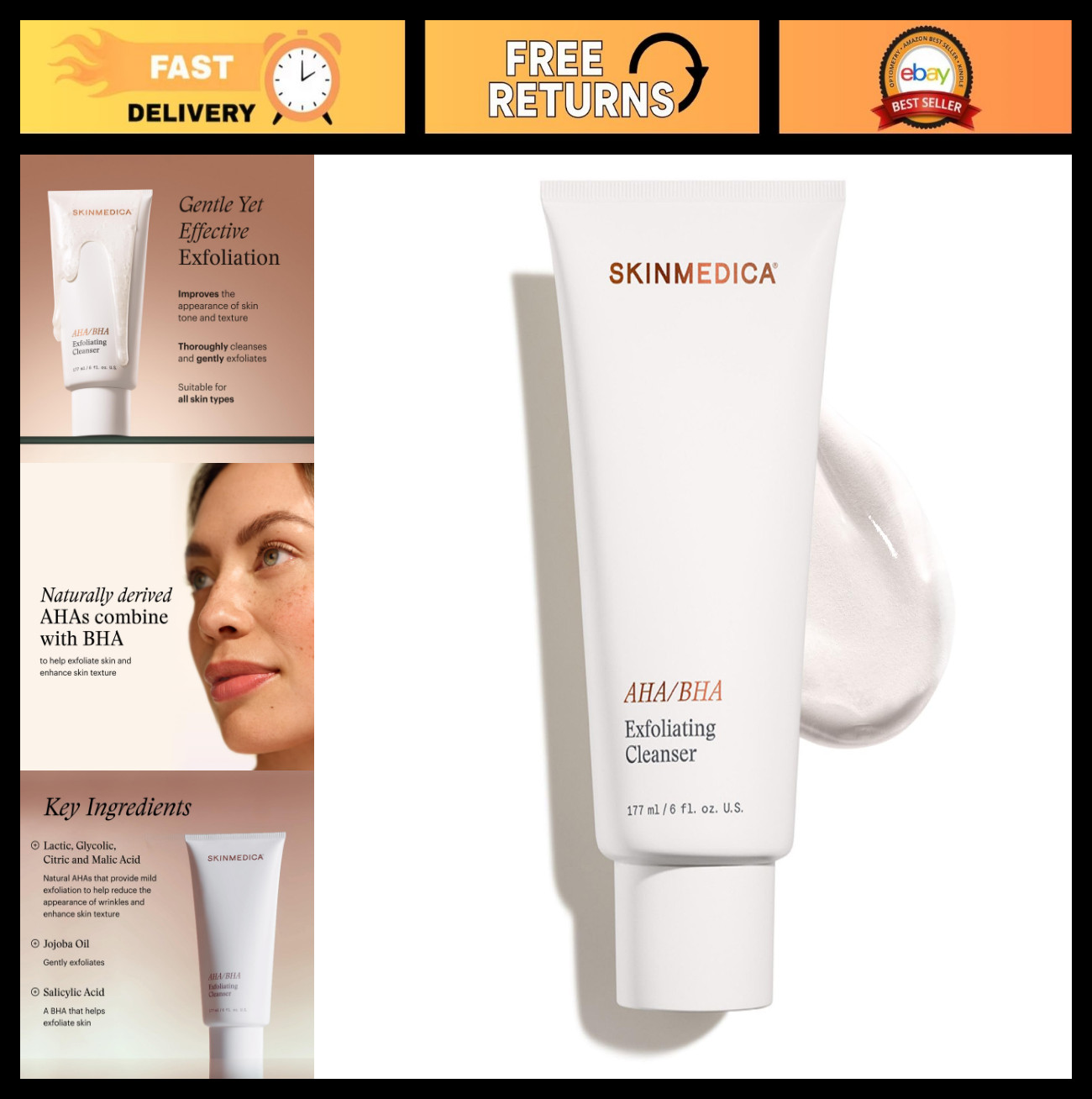 Gentle Exfoliating Face Wash with AHA/BHA & Jojoba Oil for Radiant Skin – 6 Fl O
